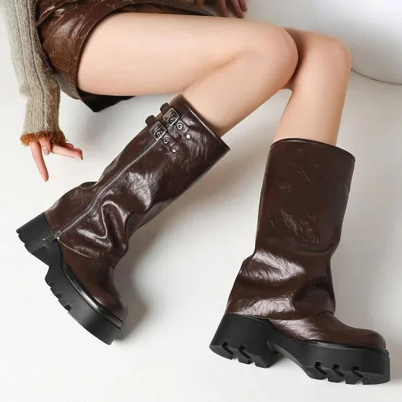 Women's Burgundy Chunky Slouchy Fold Wide Calf Fashion Buckle Knee High Boots - Picture 2 of 5